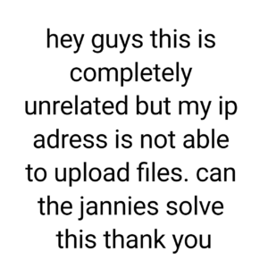 hey guys this is completely unrelated but my ip adress is not able to upload files. can the jannies solve this thank you